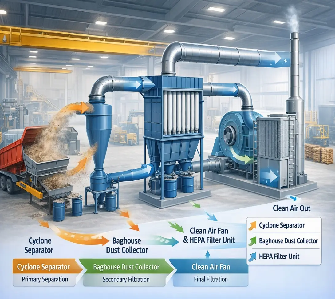 Three-stage dust collection process — cyclone separator, baghouse and HEPA filter unit
