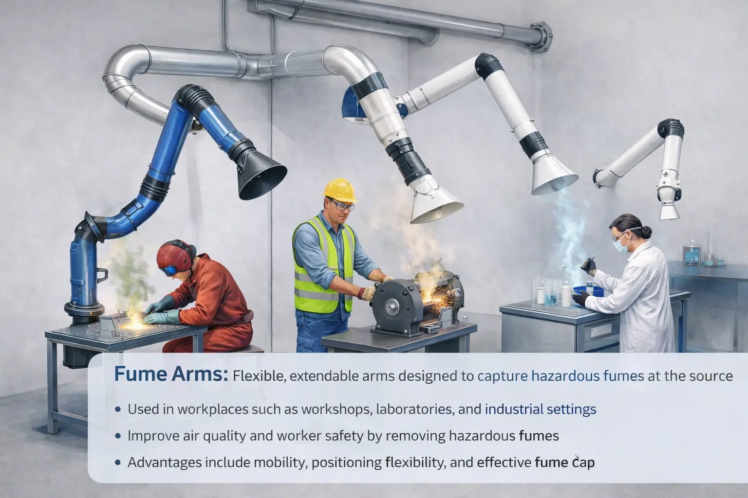 Fume arms in welding, grinding and laboratory applications — source capture at the workstation