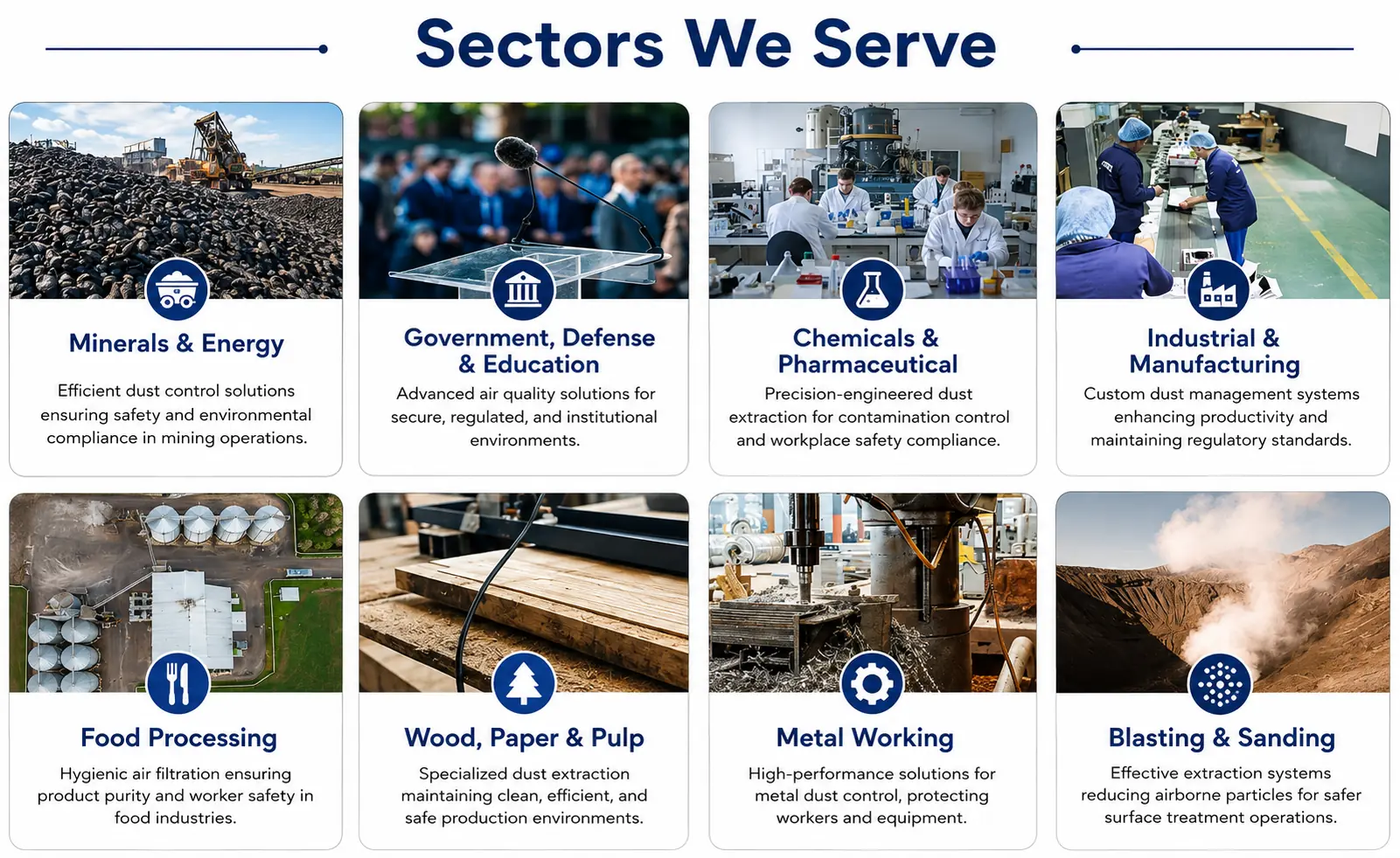 Sectors We Serve — eight industry sectors served by Galaxy Pollution Control